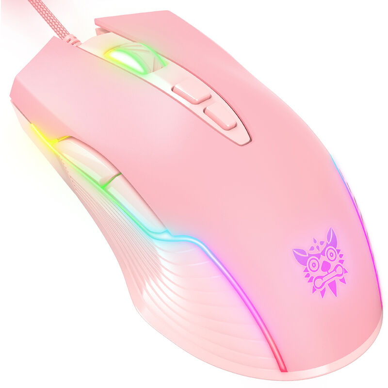 

ONIKUMA CW905 Raton para juegos con cable de 7 teclas Raton ergonomico con DPI ajustable de 6 niveles Efecto de luz de respiracion RGB colorida Rosa,