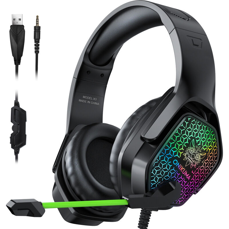 

X3 Auriculares con cable con microfono Auriculares para juegos Luces RGB Auriculares con cancelacion de ruido para computadora PC Gamer, Negro