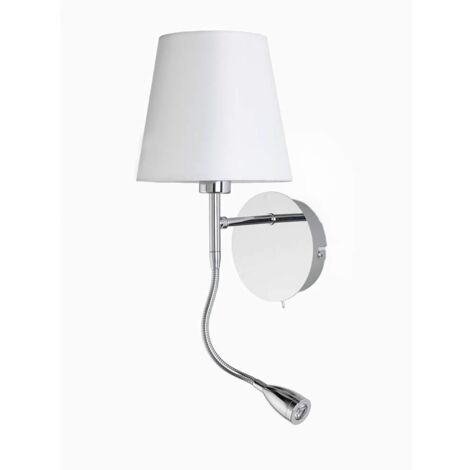 ONLI Applique in Metallo Cromato e Paralume in Tessuto Bianco. Faretto LED Flessibile Integrato con Interruttore sulla Base