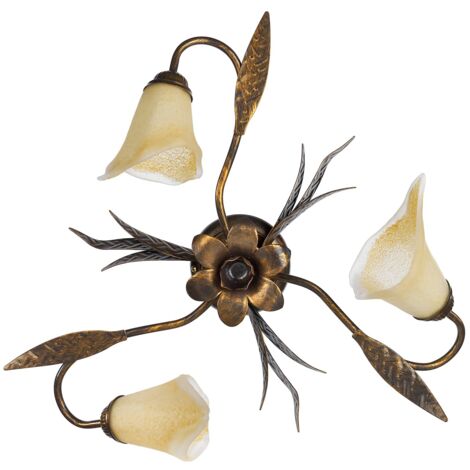ONLI Forgiata - Lampada da Soffitto 3 Luci, Vetro opaco color Ambra, Metallo Marrone spennelato Oro