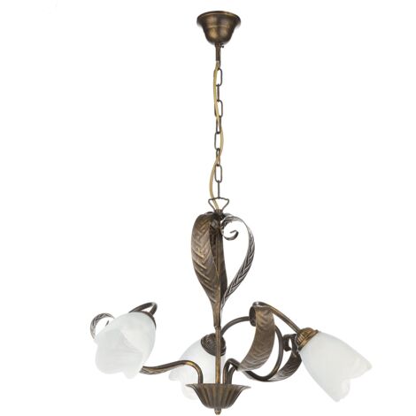 ONLI Forgiata - Lampadario 3 Luci, Vetro opaco color Bianco, Metallo Marrone spennelato Oro, Stile Rustico