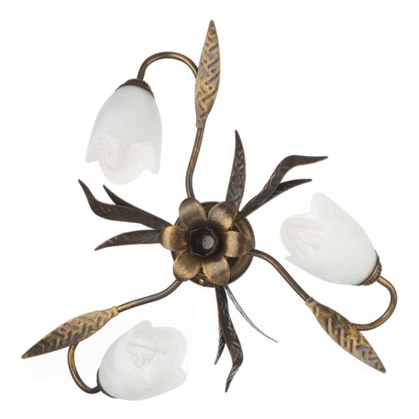 ONLI Forgiata - Plafoniera 3 Luci, Vetro opaco color Bianco, Metallo Marrone spennelato Oro