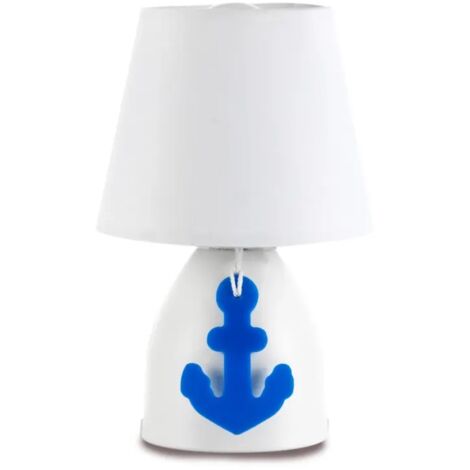 ONLI Lampada da Tavolo Base Metallo con Decorazione Ancora in plastica e Paralume in Tessuto 6 W, Bianco