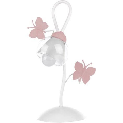 ONLI Lampada da Tavolo in Metallo Farfalle dipinte Vetro Trasparente 6 W, Bianco/Rosa