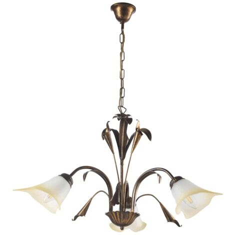 ONLI - Lampadario 3 luci in metallo marrone spennellato oro con vetri bianchi sfumati ambra