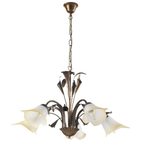 ONLI - Lampadario 5 luci in metallo marrone spennellato oro con vetri bianchi sfumati ambra