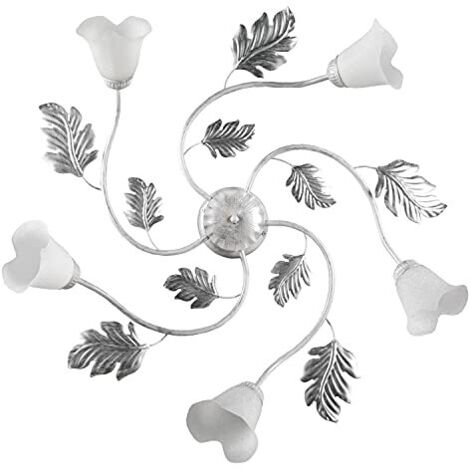 ONLI - Lampadario / plafoniera 5 luci Marilena in metallo bianco spennellato argento. Paralumi in vetro bianco. Prodotto lavorato a mano in Italia. Ø 70cm, metallovetro