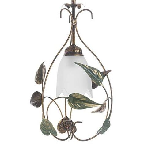 ONLI Mira - Lampada a Sospensione, Vetro color Avorio sfumato Ambra. Struttura in metallo Marrone spennellato Oro. Foglie di colore Verde