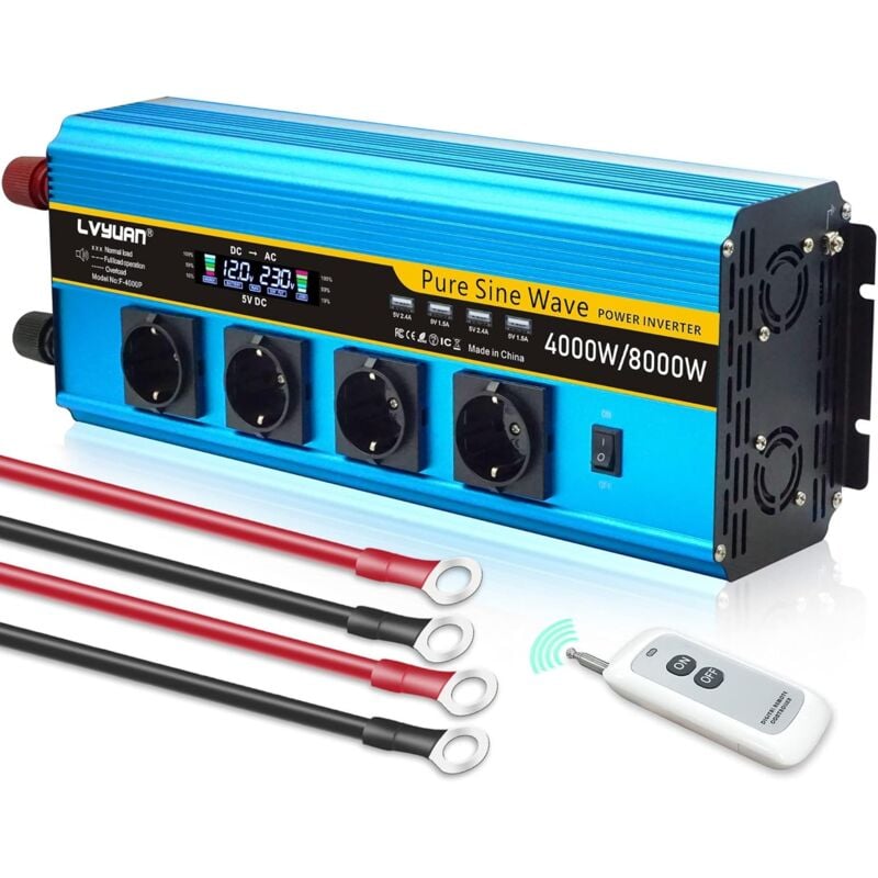 onvertisseur 12v 220v 4000W/8000W Onduleur Pur Sinus 3 européennes sockets et 4 Ports USB LCD (avec télécommande)
