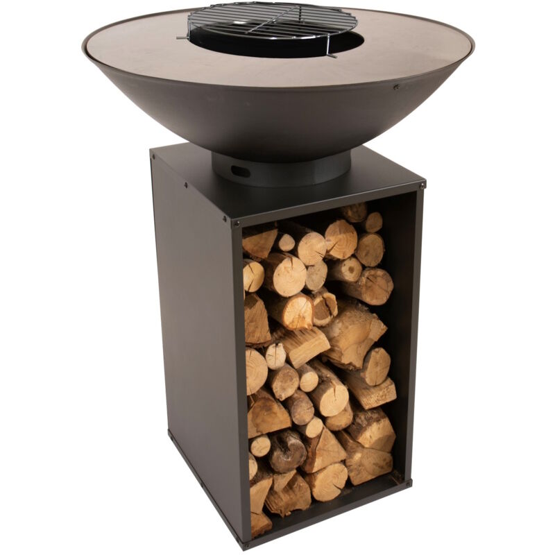 Redfire - onyx - Brasero Cuisson 80 + Housse + Grille, avec réserve de bois, anneau Acier Carbone