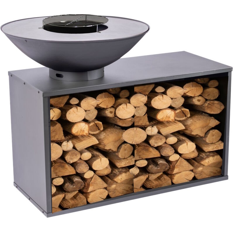 Onyx - Brasero Cuisson Table 80 + Housse + Grille, avec réserve de bois, anneau Acier Carbone