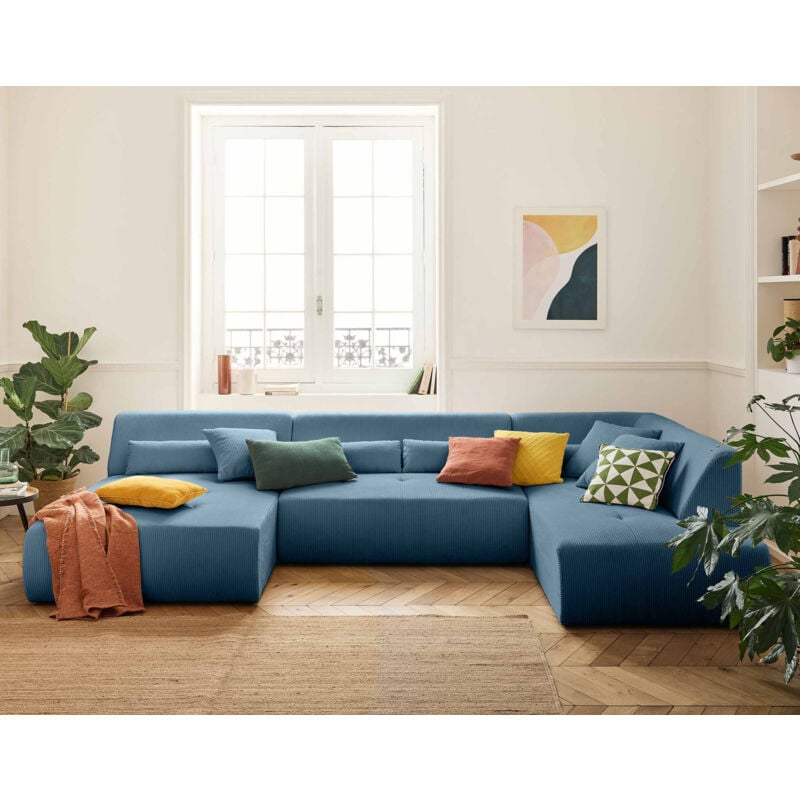 Bestmobilier - Onyx - canapé panoramique d'angle droit 7 places - en velours côtelé - bleu