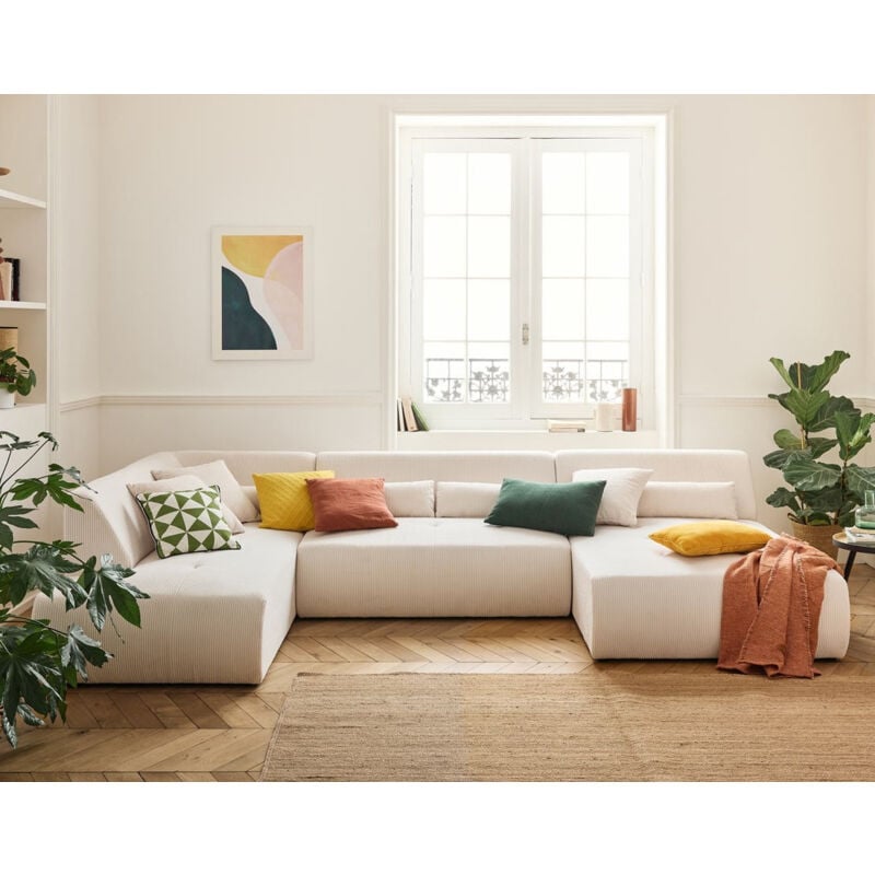 Lisa Design - Onyx - canapé panoramique d'angle gauche 7 places - en velours côtelé - beige