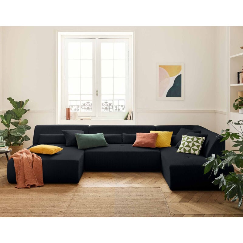 Lisa Design - Onyx - canapé panoramique modulable d'angle droit 7 places - en velours côtelé - noir