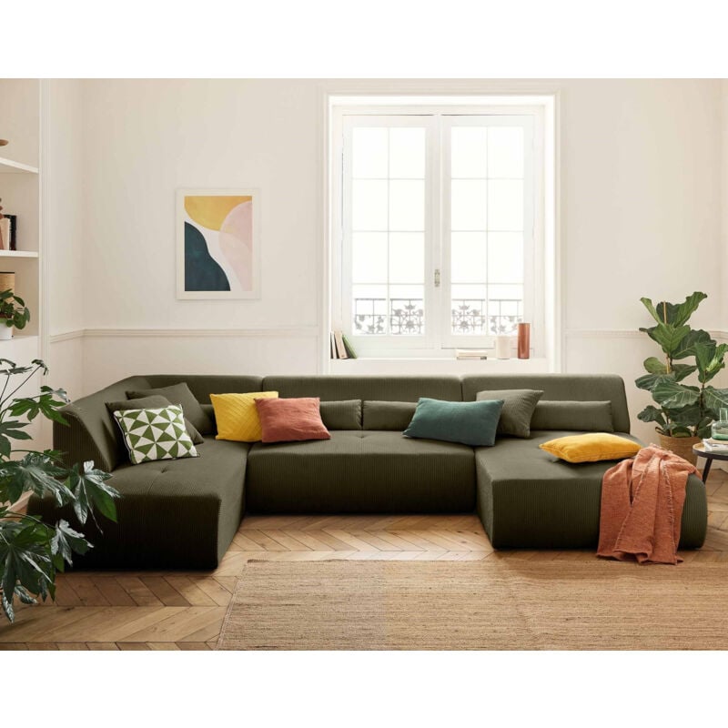 Lisa Design - Onyx - canapé panoramique modulable d'angle gauche 7 places - en velours côtelé - vert