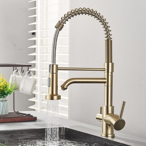 Onyzpily 3-Wege-Gold gebürstet Küchenarmatur mit Pull-down Messing Trinkwasser Mischer mit Filter für Wasser 360 ° schwenkbaren Auslauf, Pull-down Spray