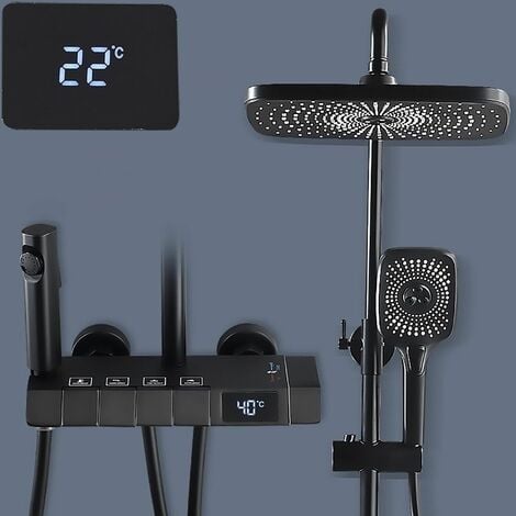 Onyzpily Colonna Doccia con Display Digitale LCD,Nera Multifunzione Sistema Doccia con Miscelatore per Vasca,Soffione Doccia Quadrata,Ripiano,Regolabili Asta Doccia Saliscendi