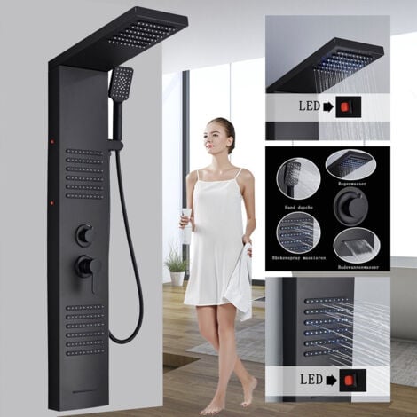 Onyzpily  Colonna Doccia Idromassaggio,Multifunzione LED Pannello Doccia Idromassaggio con Temperatura (Display LCD),Multifunzione con Soffione Fisso,Massaggi,Doccetta e Bocca Vasca,Nichel spazzolato