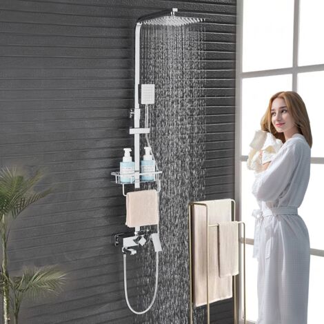 Onyzpily Colonna Doccia,Multifunzione Colonna Doccia con Miscelatore per Vasca,Soffione Doccia Quadrata(20CM),Ripiano,Pistola a Spruzzo,(Cromo Lucido)