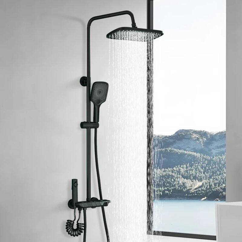 Onyzpily - Colonna Doccia,Multifunzione Sistema Doccia con Miscelatore per Vasca,Soffione Doccia Quadrata,Ripiano,Pistola a Spruzzo,3 Modalità di