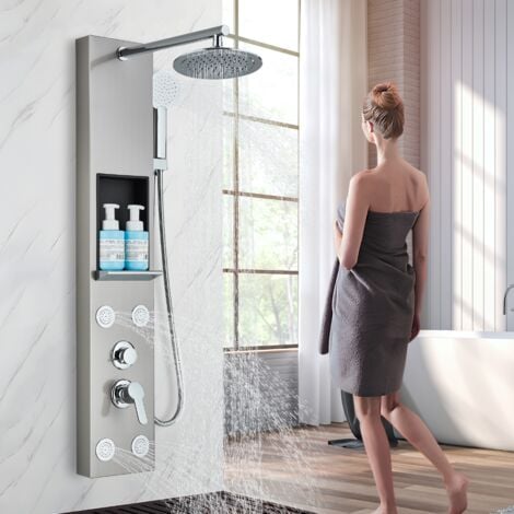 Onyzpily Colonne de douche hydromassante multifonction en acier inoxydable avec pomme de douche fixe, massage, étagère (nickel brossé)