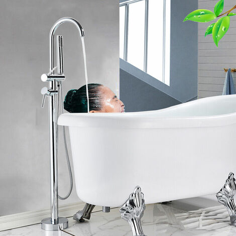Onyzpily Freistehende Badewannenarmatur, bodenstehende Badewannenarmatur mit 360° drehbarer Handbrause Freistehende Badewannenarmatur aus Messing, poliertes Chrom