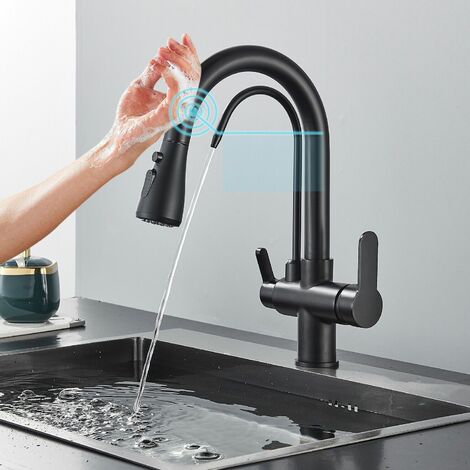 Onyzpily Küchenarmatur mit Berührungssensor, 3-Wege-Küchenarmatur mit Osmose-Wasserfiltersystem, mit ausziehbarer Brause, 360° schwenkbar, schwarz