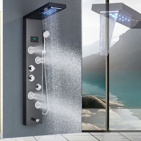 Onyzpily LED Pannello Doccia Idromassaggio in 304 Acciaio Inox, Colonna Doccia con Miscelatore,Display LCD,Multifunzione  con Soffione Fisso,Massaggi,Doccetta e Bocca Vasca