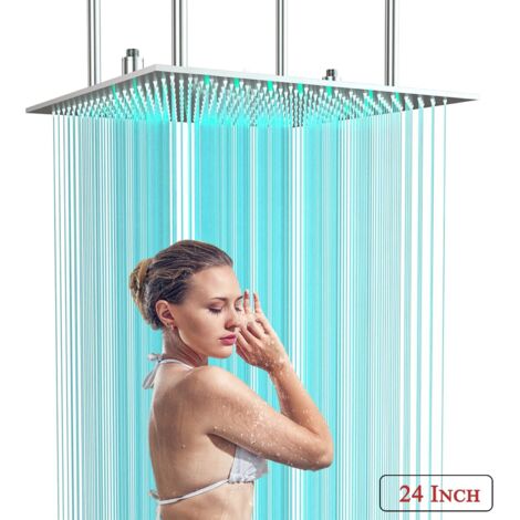 Onyzpily Moderner Luxus LED Duschkopf 60 x 60 cm Versenkter Duschkopf Deckenbrause Quadratischer Duschkopf 3 LED Farben