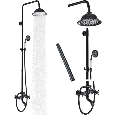 Onyzpily Outdoor-Duschsystem mattschwarz mit 8-Zoll-Handbrause und Wanneneinlauf 2 Kreuzgriffe Wandduscharmaturen für Bad oder Hof