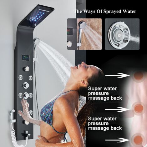 Onyzpily  Pannello doccia in acciaio inox , LED Colonna Doccia con doccia a pioggia, doccia massaggiante, doccia a cascata, doccetta, acciaio inox  Nero Look per il lusso del benessere nel proprio bag