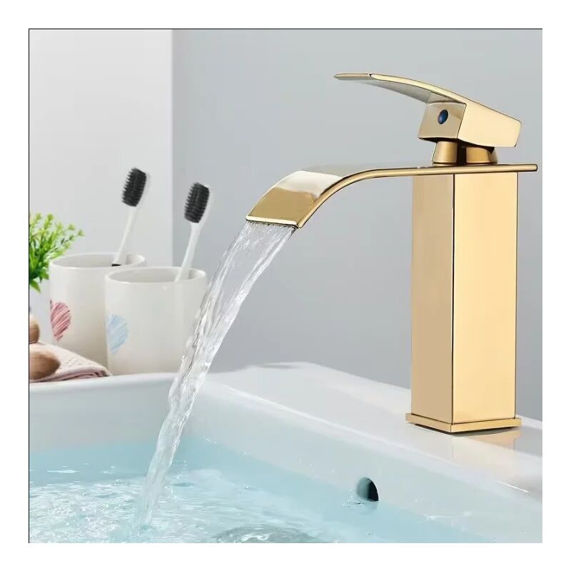 Robinet de salle de bain Cascade Mitigeur de lavabo Deux voies Design moderne Doré - Onyzpily