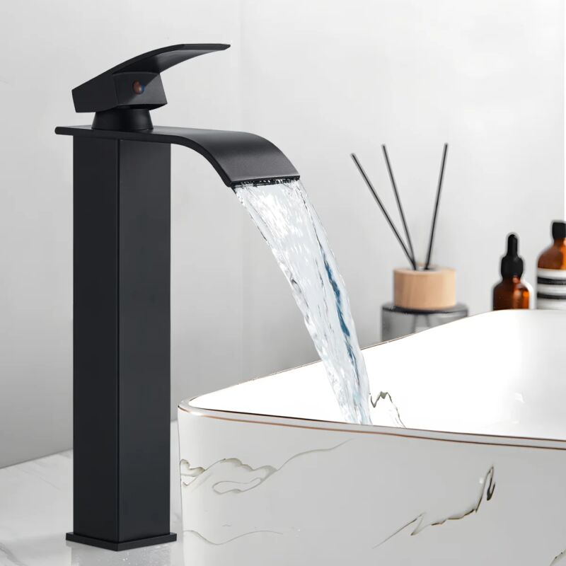 Onyzpily - Robinet Salle de Bain, Moderne Robinet Lavabo Noir, Mitigeur Lavabo avec bec Hauteur 237 mm, Robinetterie Carré en Laiton Eau Chaude et