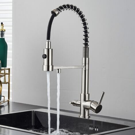 Onyzpily Rubinetto Cucina 3 Vie, Miscelatore Cucina Lavello con Bocca Girevole a 360,Spazzolato Rubinetto per Cucina Con Filtro per Acqua Potabile e Funzione Filtro