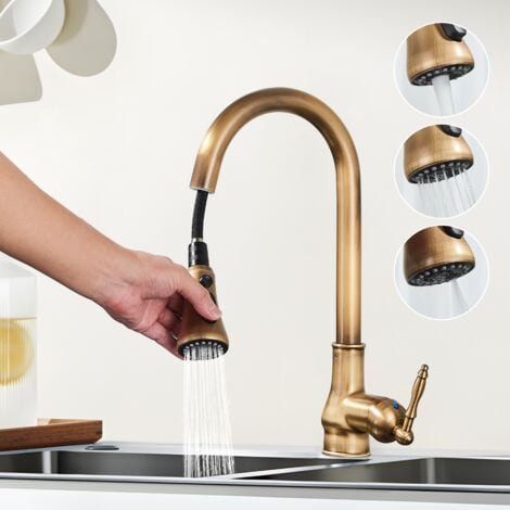 Onyzpily Rubinetto Cucina con Doccetta a 3 Funzioni, con Doccetta Estraibile, Lavello Girevole a 360°,Acciaio Inox Rubinetto Lavello Cucina,(Antica)