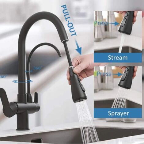 Onyzpily Rubinetto da cucina nero, con doppia maniglia estraibile, filtro acqua pura potabile calda e fredda a 3 vie