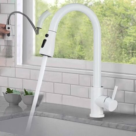 Onyzpily Rubinetto Lavello Cucina Bianco con rotazione a 360° Doccetta 2 Modalità Dell'acqua Estraibile Disponibile caldo e freddo Miscelatore Rubinetto da cucina