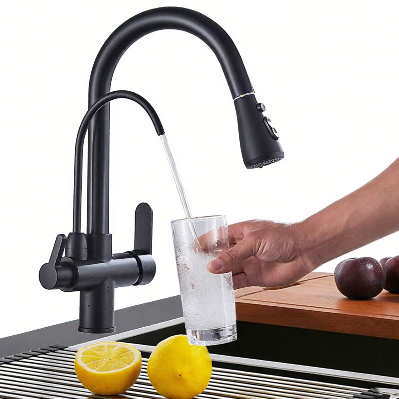 Rubinetto Lavello Cucina con Doccetta Estraibile,Nera Rubinetto Da Cucina con 2 Tipi di Getti,Sistemi Osmosi Filtro L'acqua Acqua