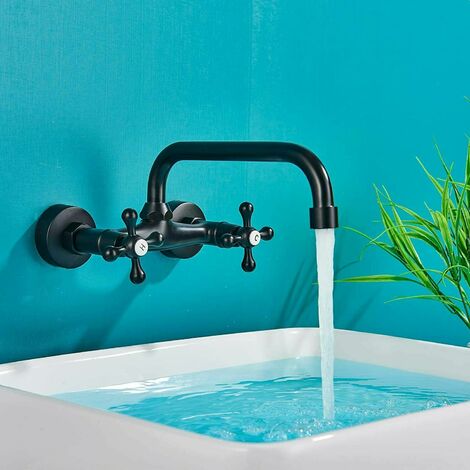 Onyzpily Wand-Küchenarmatur Schwarz,360° schwenkbarer Doppelknopf Wand-Küchenmischer aus Messing Warm- und Kaltwasser, langer Schwenkarm 24 cm