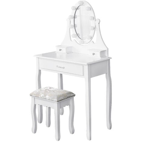 OOBEST® Vanity Makeup Table with Illuminated Mirror 3 Drawers and 1 Stool 75 x 40 x 139 CM White