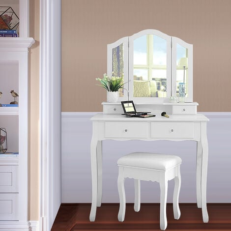 OOBEST® White Dressing Table, Makeup Table with 4 Drawers, 3 Mirrors 90 * 40 * 142cm