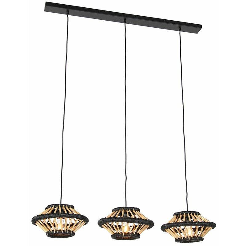 Qazqa Oriental Pendant Light Bamboo With Black Oblong 3-light - Evalin