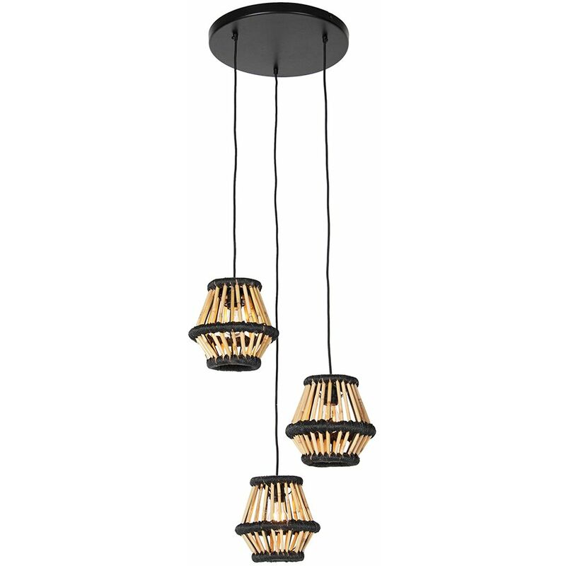 Qazqa Oriental Pendant Light Bamboo With Black Round 3-light - Evalin