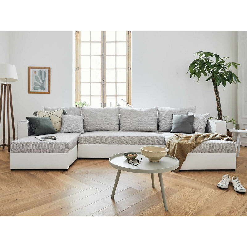 Bestmobilier - Opale - canapé panoramique en u - 7 places - convertible - avec coffre - en tissu et simili - gris / blanc