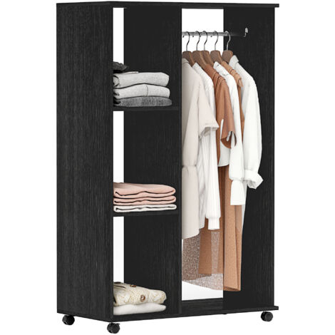 Open Wardrobe on Wheels, Bedroom Wardrobe with Clothes Hanging Rail, 3 Storage Shelves, Mobile Garment Rack for Cloakroom, Hallway, Black