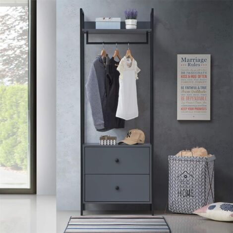 Open Wardrobe With 2 Drawers & Shelves with Metal Outer Frame – Dark Grey