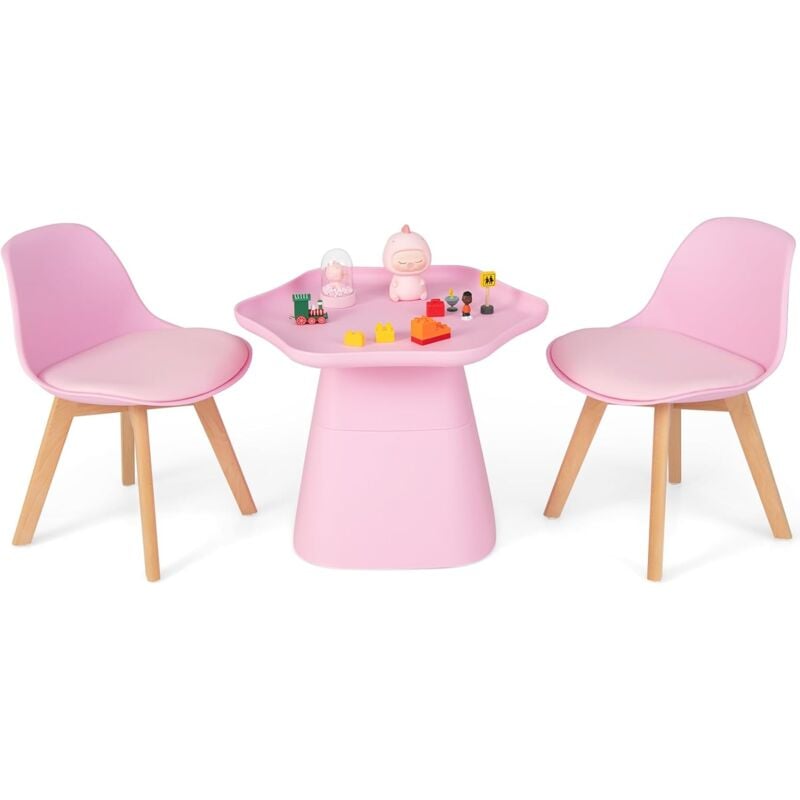 Table Enfant 3-8 Ans avec 2 Chaises-Plateau Concave-Siège Rembourré-Pieds en Bois Massif Charge 50+50KG Rose - Goplus