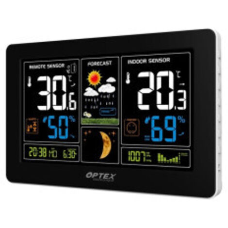 Optex – Station météo couleur radio contrôlée – Capteur extérieur avec chargeur USB – Affichage température, humidité, pression – Écran rétro-éclairé 166x90mm