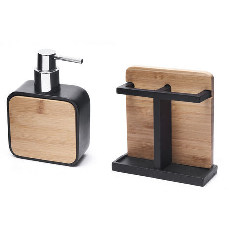 Optima Hombre Set salle de bain avec Porte-brosse à dents + Distributeur de savon en polyrésine et bois de bambou, Noir (HOM-SET1)