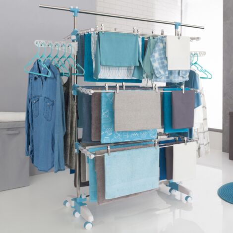 OPTIMUM 30M de capacidad Secador de ropa vertical plegable de 3 niveles con barra telescópica, perchas y pinzas, blanco y azul